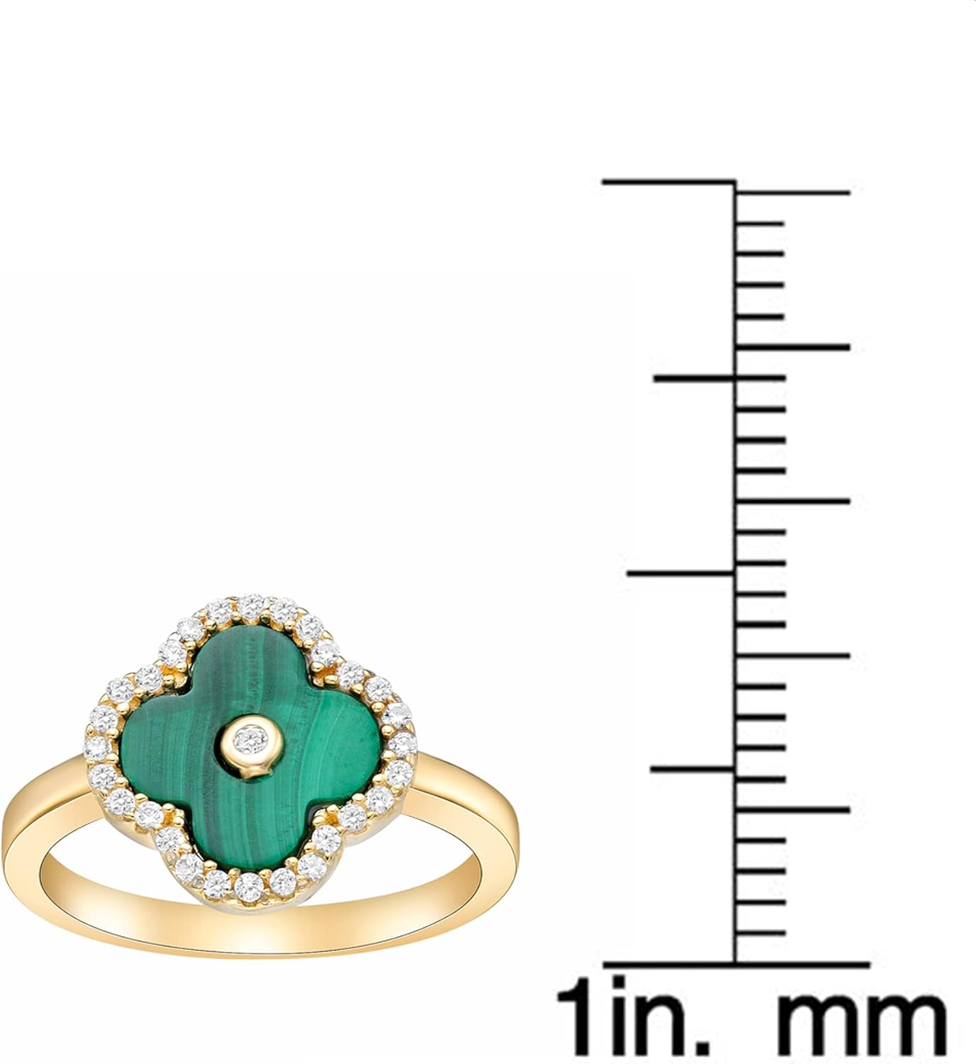 Lavari Jewelers Four Leaf Flower Ring for Women - Black Onyx Green Malachite or Mother of Pearl & Cubic Zirconia in 925 Sterling Silver - Hypoallergenic Gold Plated - Halo Clover Ring Size 5 to 8