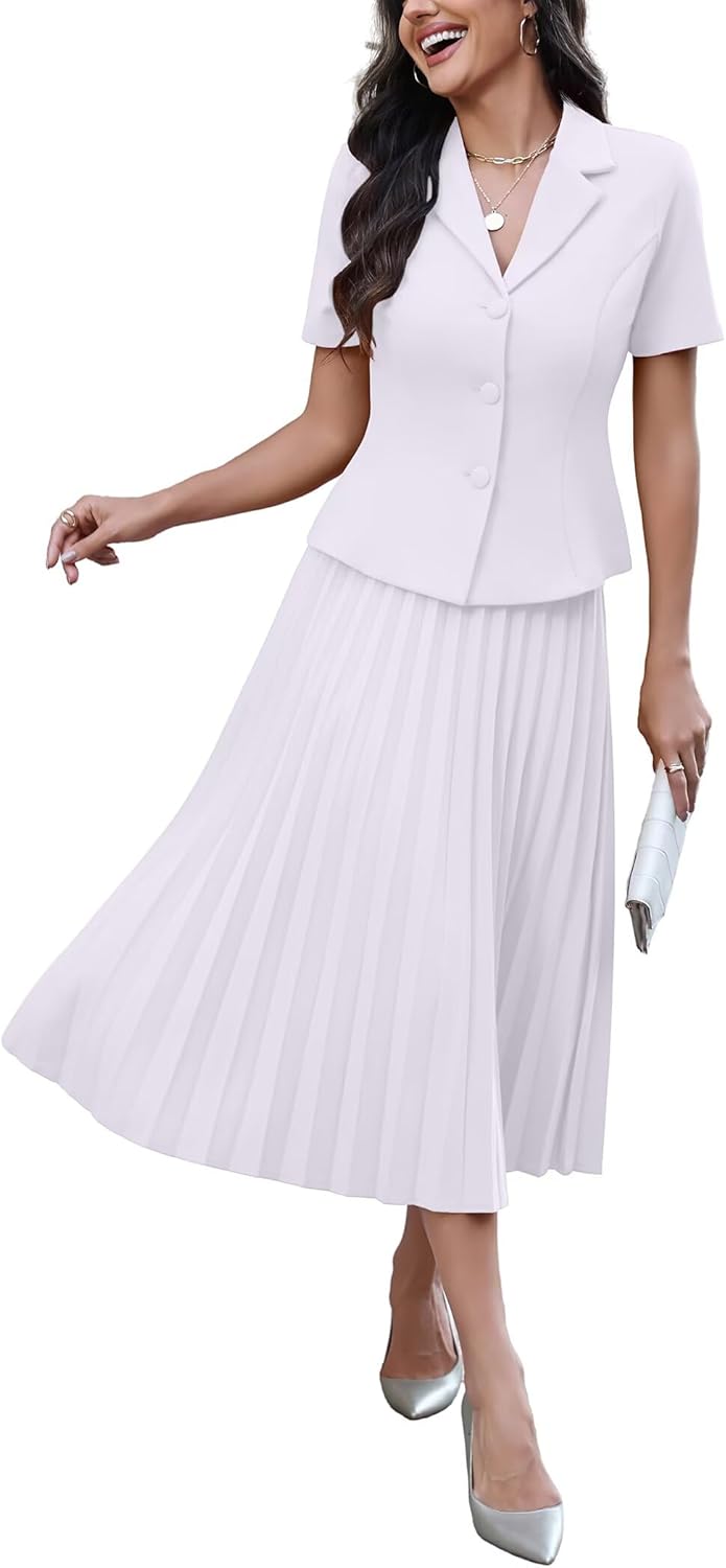 Ophestin Women's 2 Piece Blazer Outfits Short Sleeve Open Front Jacket High Waist Pleated Maxi Skirt Set for Business Church