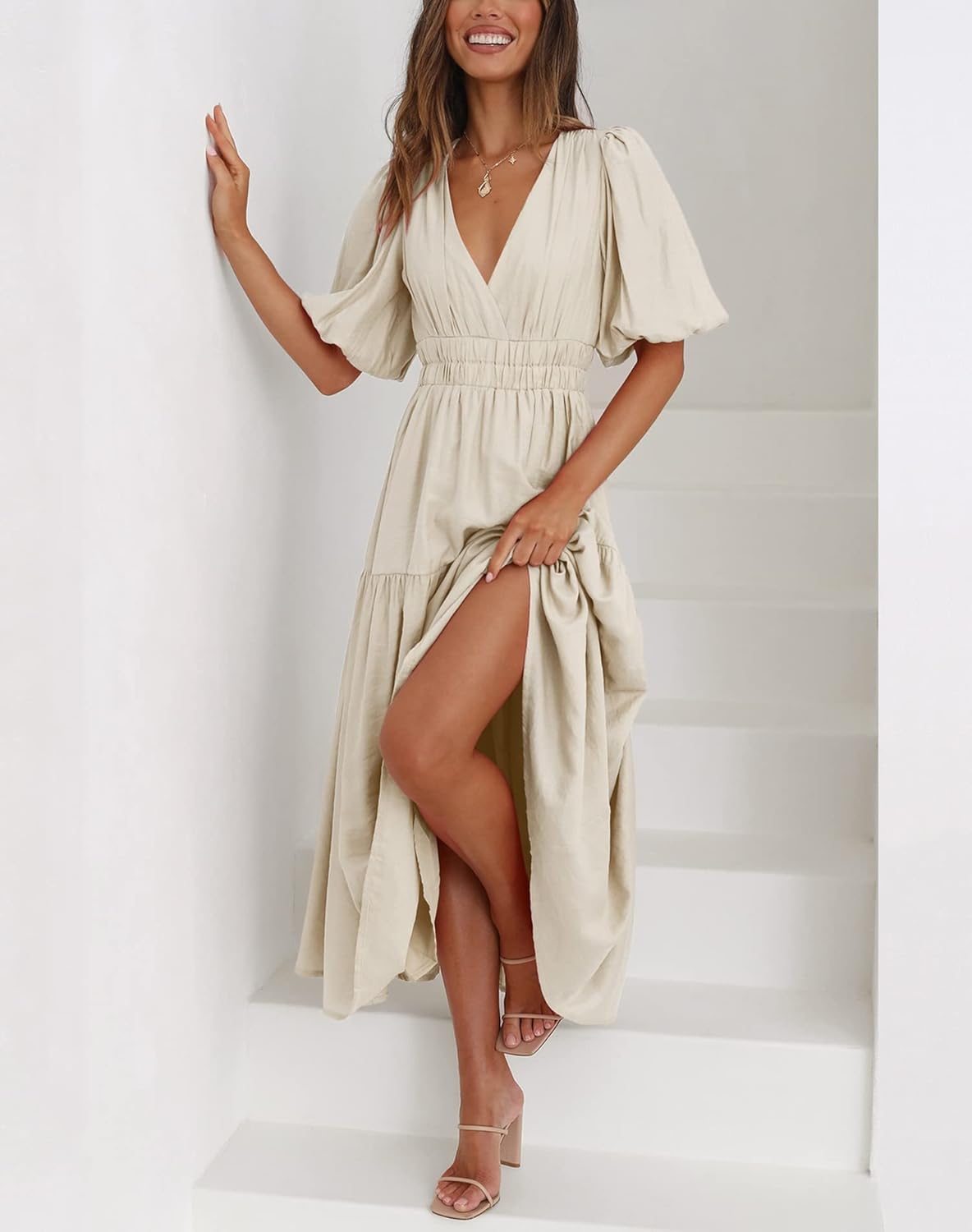 Lucrosun Women's Summer V Neck Short Puff Sleeve A Line Tiered Midi Dress - Image 5