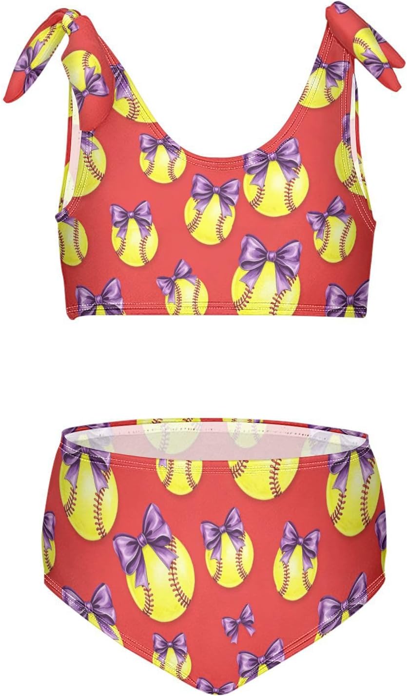 Girls Swimsuit Two Piece Swimwear Bikini Set Pink Bow Softball Bathing Suit for 3-12T,
