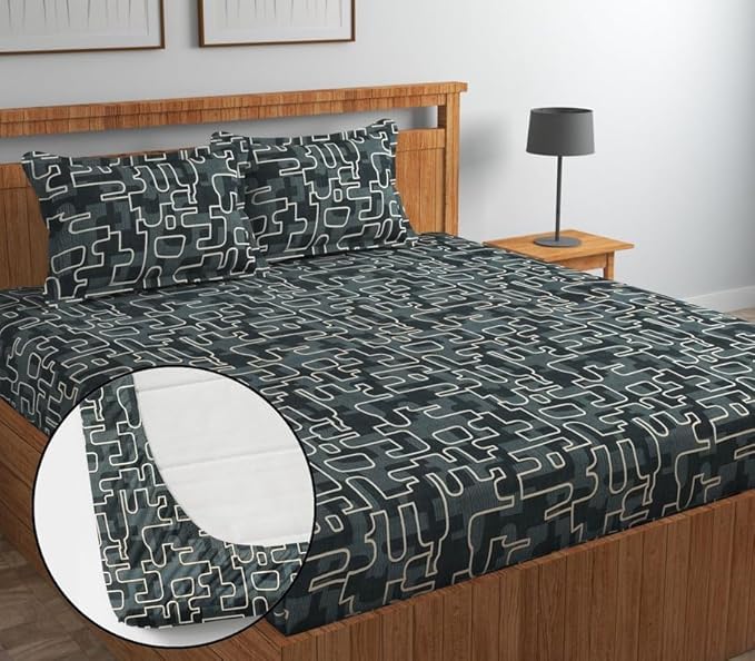 Image of Jashan Super Soft Glace Cotton Fabric 300 TC All Around Elastic Fitted Elegent Design King Size Double Bed Bedsheet with 2 Pillow Covers Fits Upto Mattress of 10 Inche,Size-72 x 78 x 10 Inche-Black