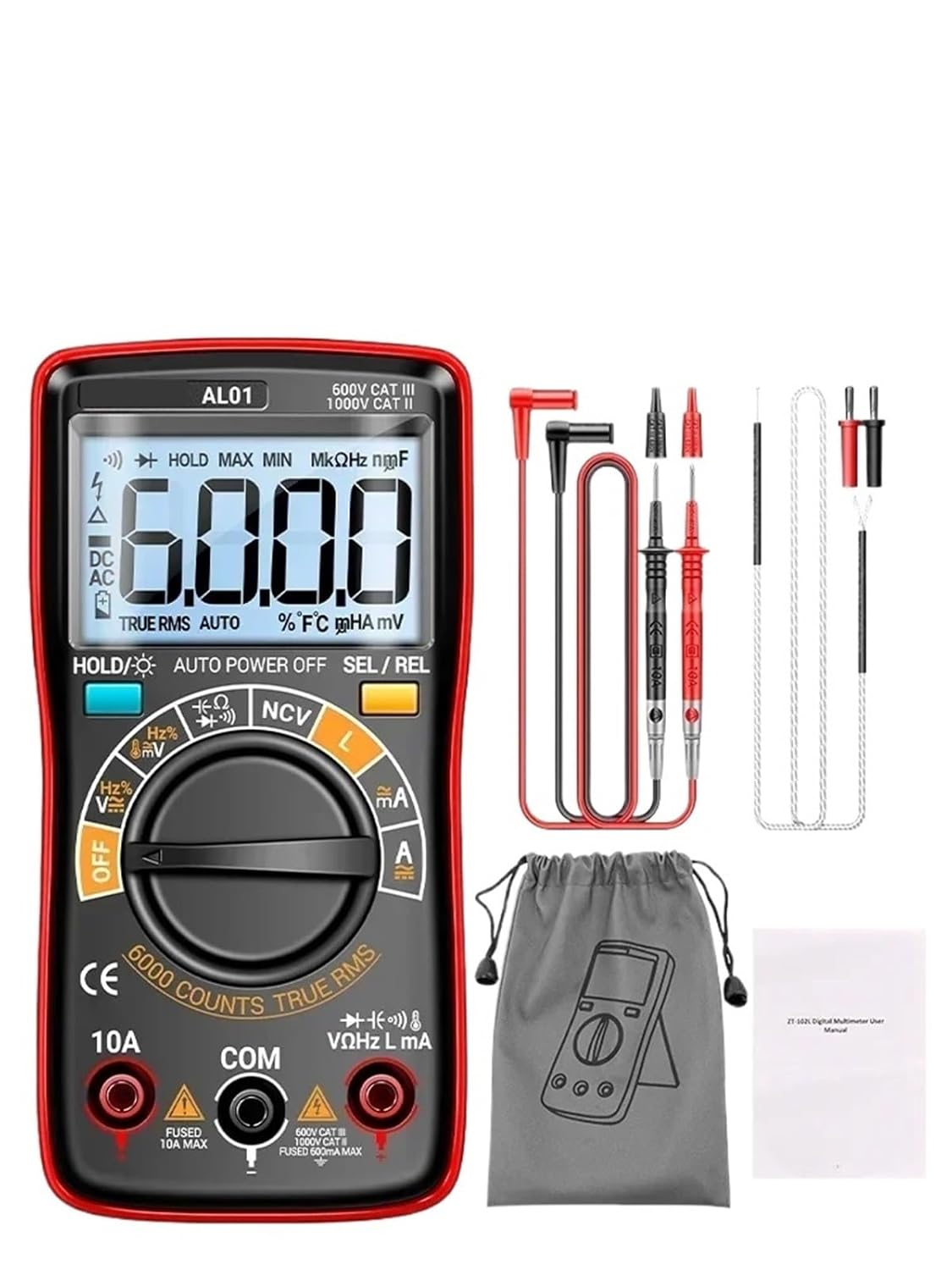 AL01 Smart Digital Multimeter 6000 Counts AC/DC Voltage Meter True-RMS Current Hz Resistance Capacitor NCV Detection Tools(AL01 Red)