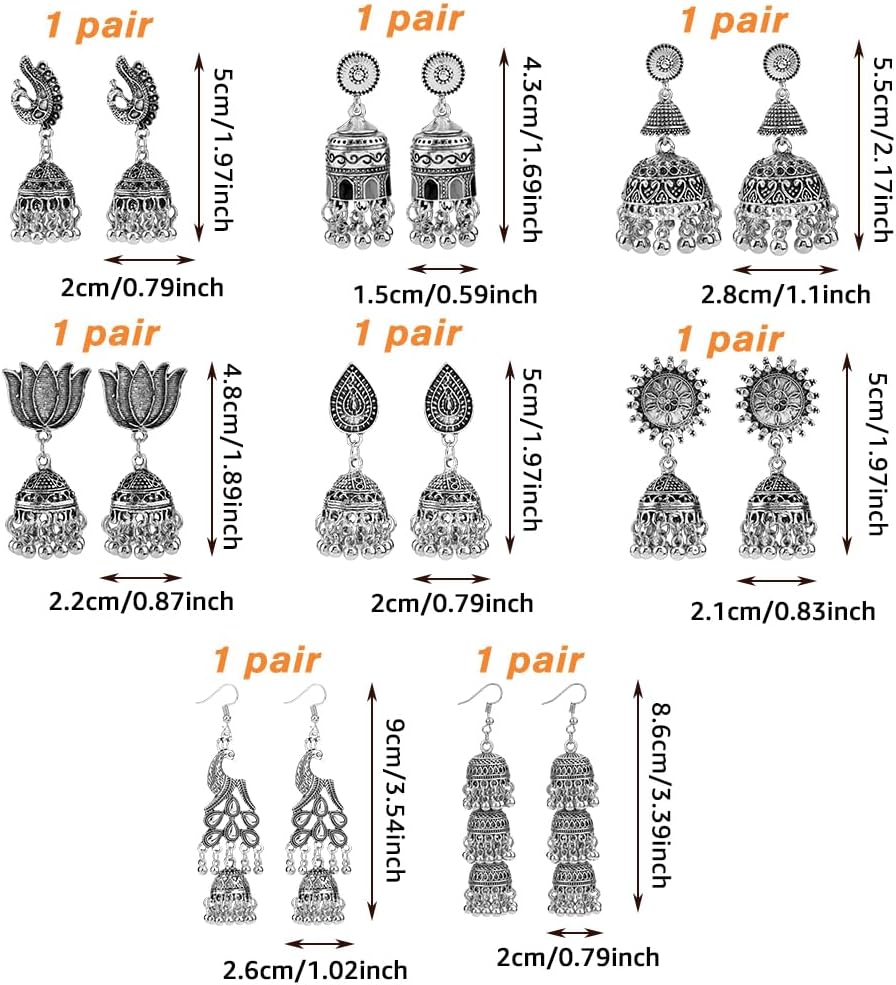 UNICRAFTALE 8 Pairs Indian Ethnic Earring Vintage Long Tassel Bell Earrings Retro Peacock Drop Earrings Exotic Style Earrings Fashion Boho Jewelry Wedding Party Gifts for Woman