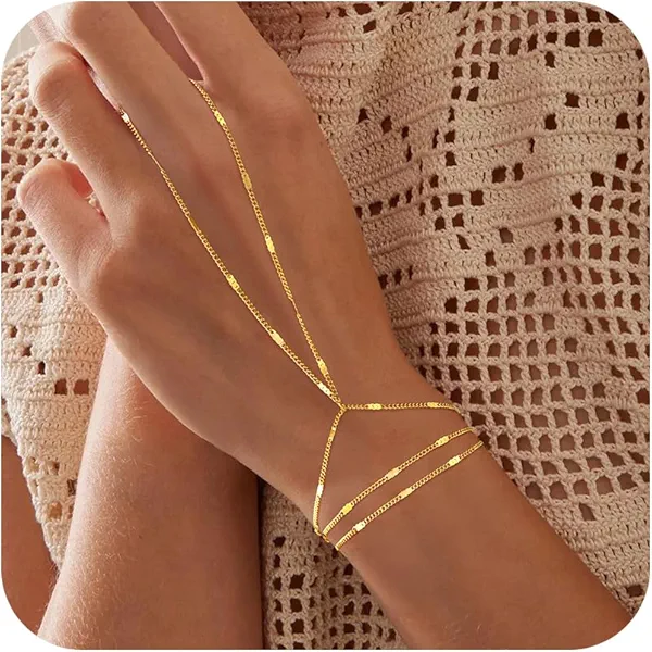 Yoosteel Hand Chain Bracelet for Women - Dainty 14K-Gold-Plated Finger Ring Hand Chains Layered Trendy Link Bracelets Jewelry Gifts for Women