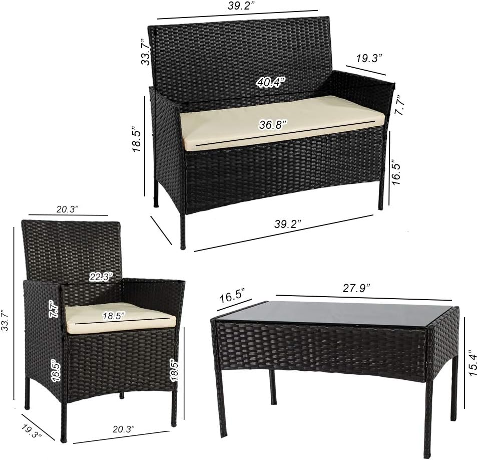 4-Piece Outdoor Rattan Chair Wicker Sofa,Wicker Patio Conversation Furniture Set with Tempered Glass Table for Yard Pool Backyard New (Dblack)