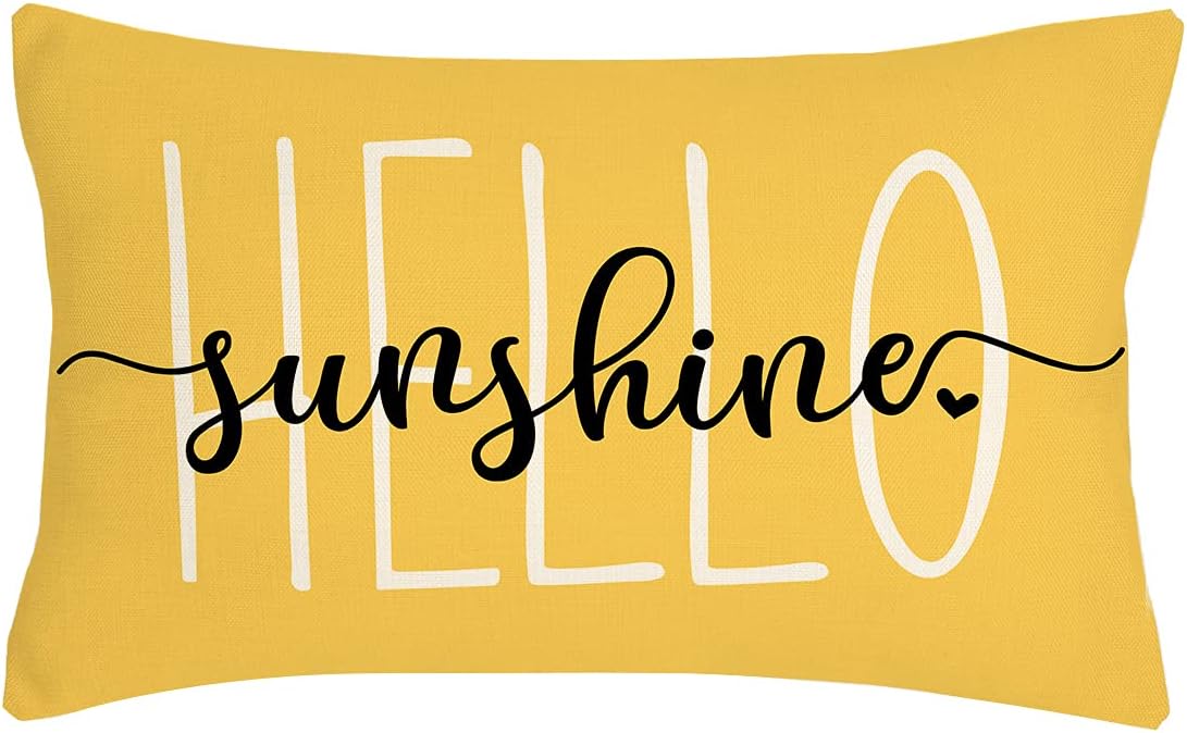 4TH Emotion Hello Sunshine Pillow Cover Farmhouse Yellow Lumbar Pillow Cover Spring Summer Decorations Cushion Case for Sofa Couch Polyester Linen 12x20 Inches