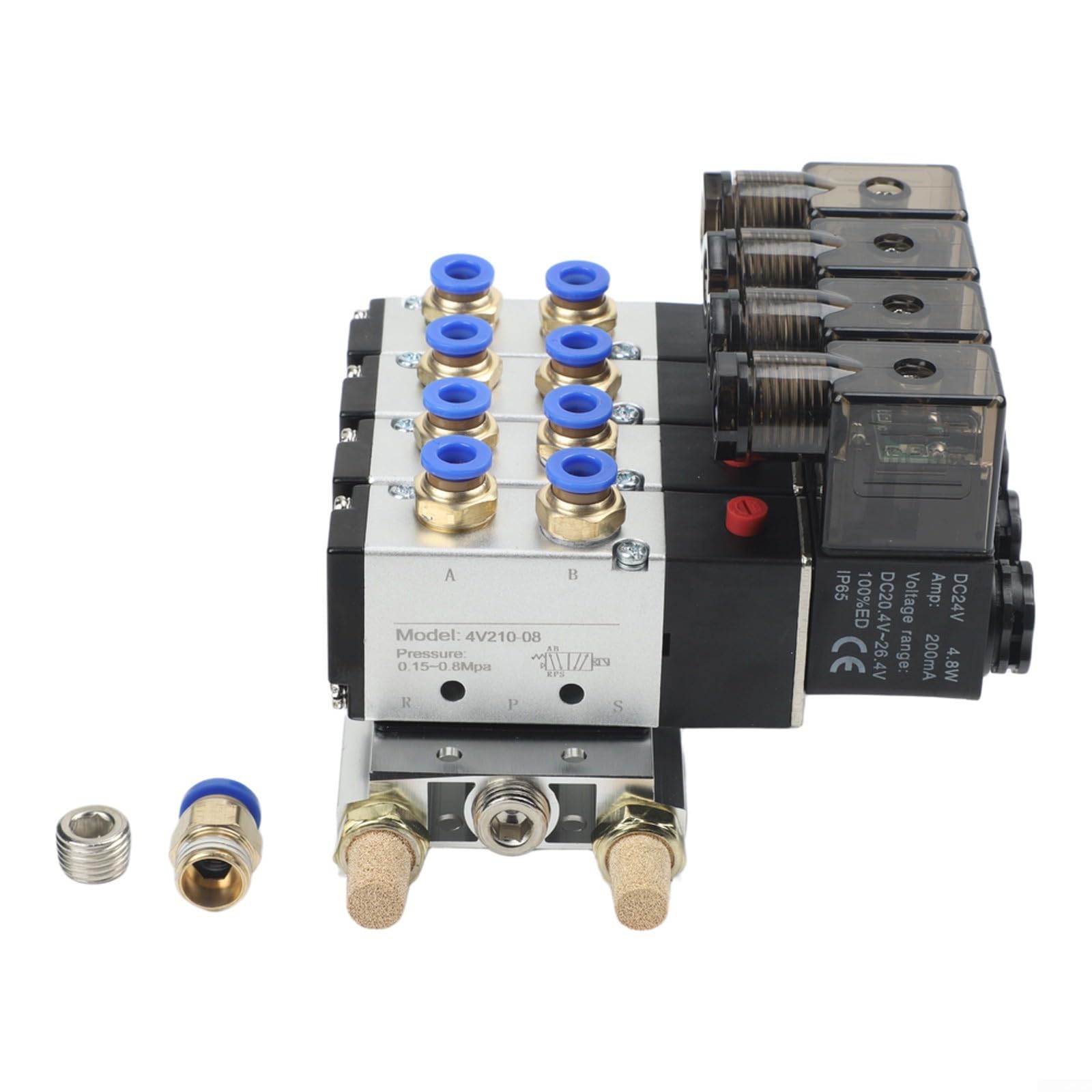 Electroválvula neumática 4V210-08, válvula de 5/2 vías con aleación de aluminio, DC 24 V, conexión rápida de 1/4 pulgadas, incluye base y silenciador para automatización industrial (4 unidades)
