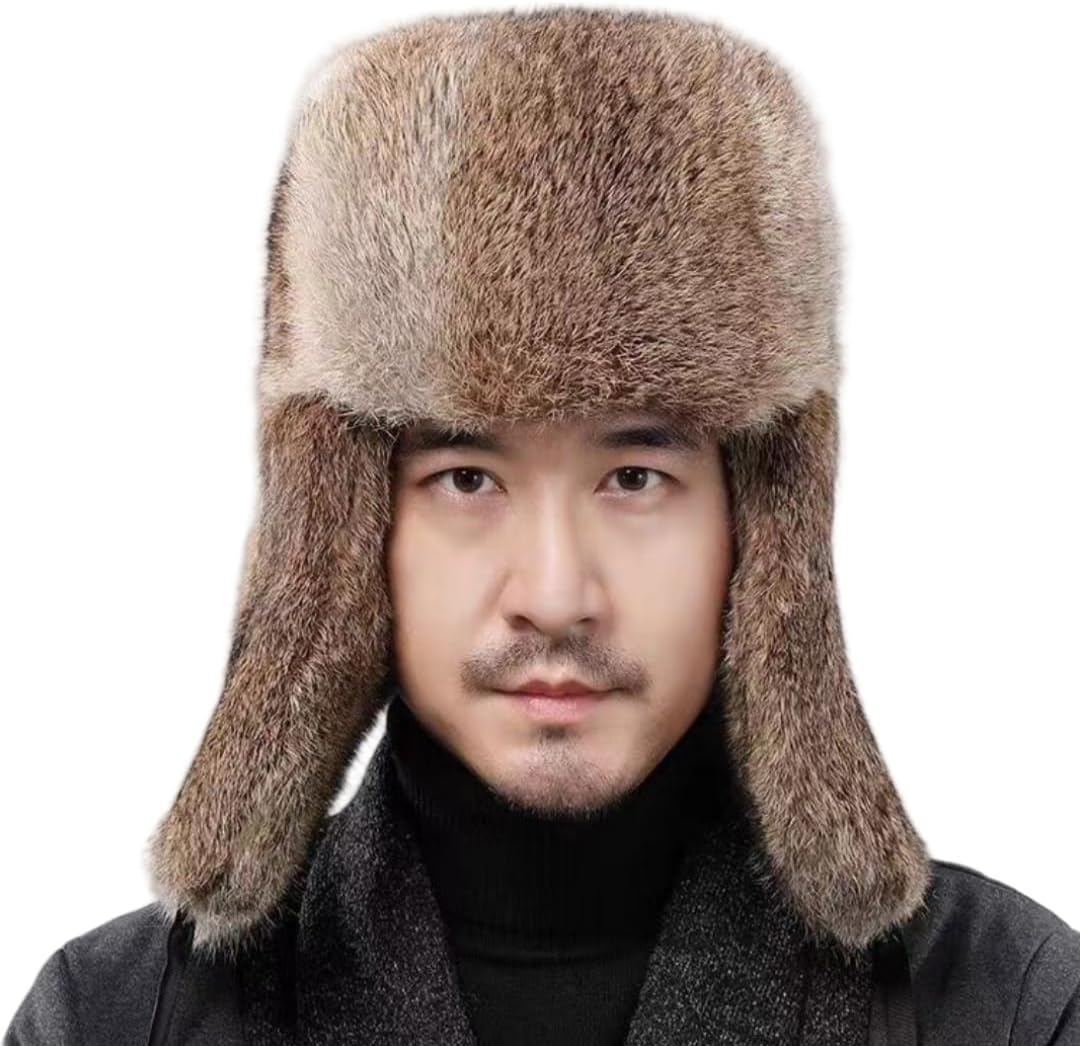 Men Trapper Hat Russian Ushanka Hat Faux Rabbit Fur Aviator Earflap Hat Windproof Hat for Winter Hunting Skiing Brown