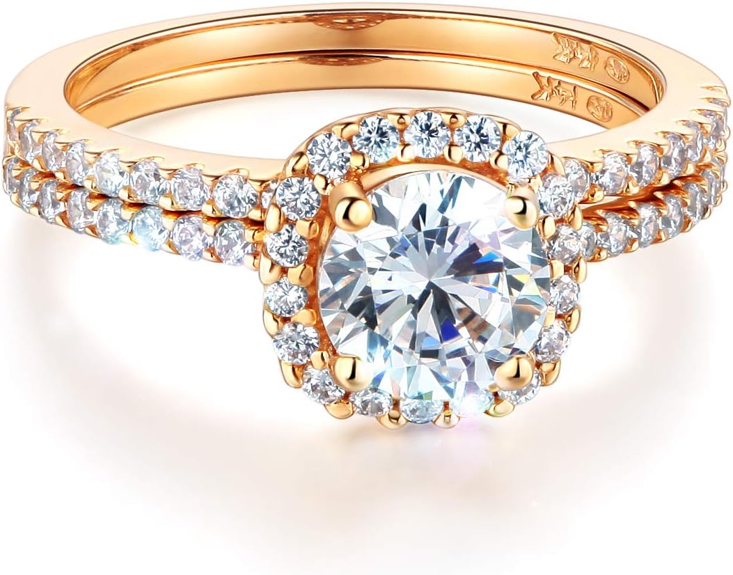 Wellingsale Ladies Solid 14k Yellow -OR- White Gold Polished CZ Cubic Zirconia Round Cut Halo Engagement Ring with Side Stones and Matching Band Bridal Set