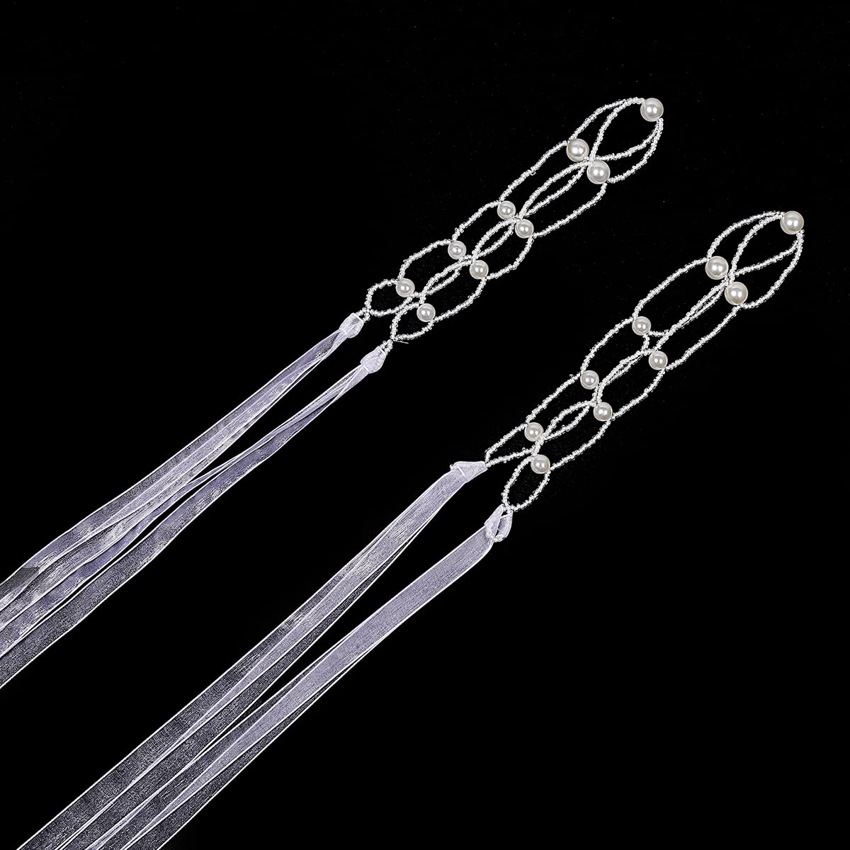 2 Pcs Pearl Glass Beads Wedding Headband, Manshui Bridal Bridesmaid Flower Girl Princess Pearls Hair Band, Pearl White Ribbon Hairband for Girls and Women (Oval Beads Chain 2)