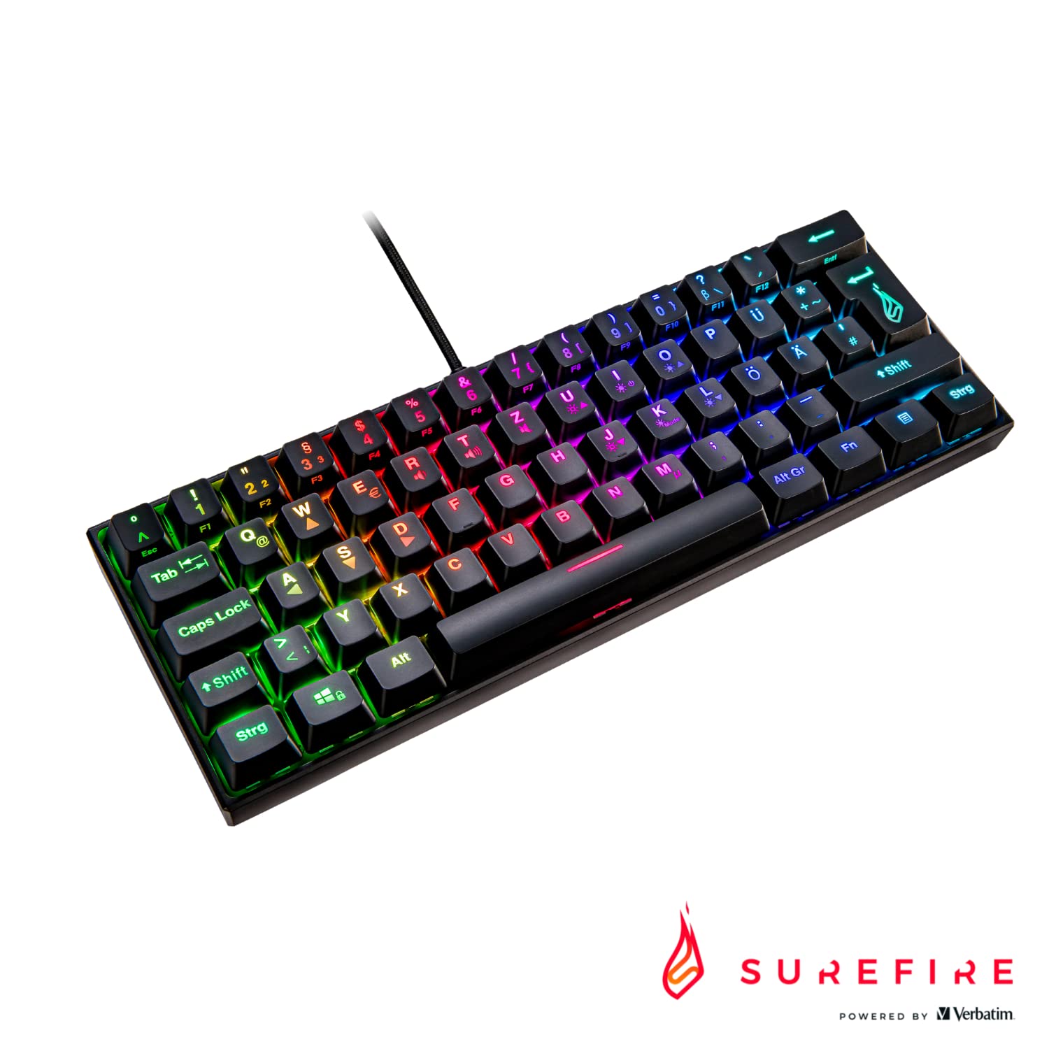 Surefire Kingpin M1 - Tastiera meccanica da gioco 60% tedesca, tastiera multimediale da gioco, piccola e mobile, tastiera RGB con illuminazione, 100% tasti anti-ghosting, layout tedesco QWERTZ