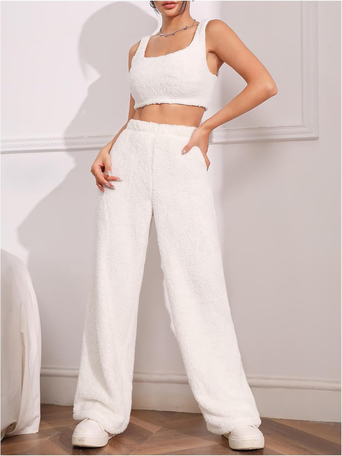 Verdusa Women's Furry Fuzzy Lounge Pants Casual Straight Leg Long Trousers White X-Small - Image 4