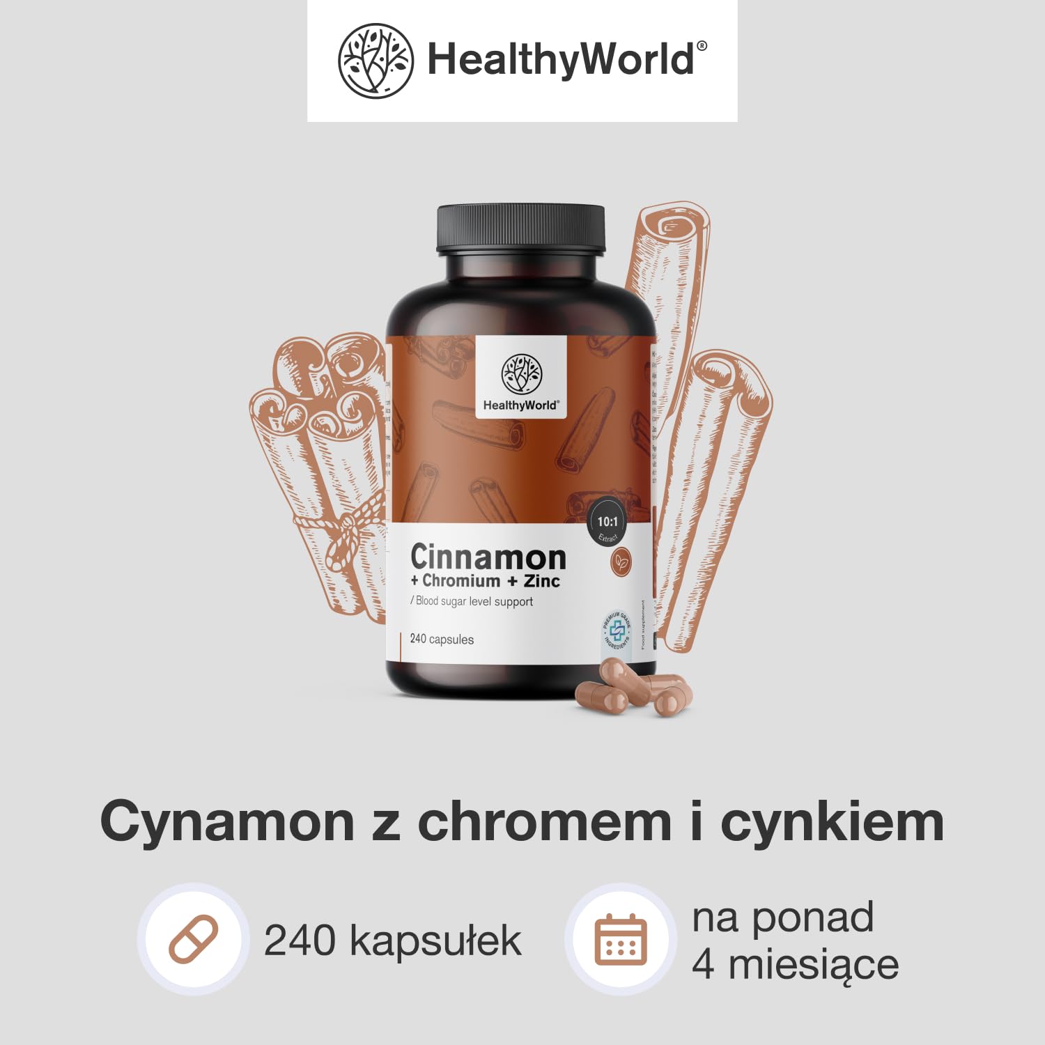 HealthyWorld Cynamon z chromem i cynkiem - 240 kapsułek roślinnych - Wegetariańskie - Wysoka dawka - Zapas na 4 miesiące - Najwyższa jakość - Trzy aktywne składniki - Regulacja poziomu cukru we krwi