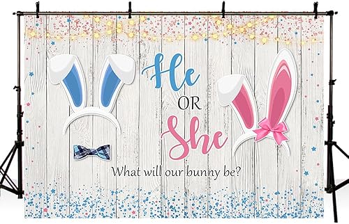 Miniatura 4 de Fondo de fotografía de conejo de 7 x 5 pies, diseño de conejito con purpurina rústica de madera para revelación de género, sorpresa, fiesta,