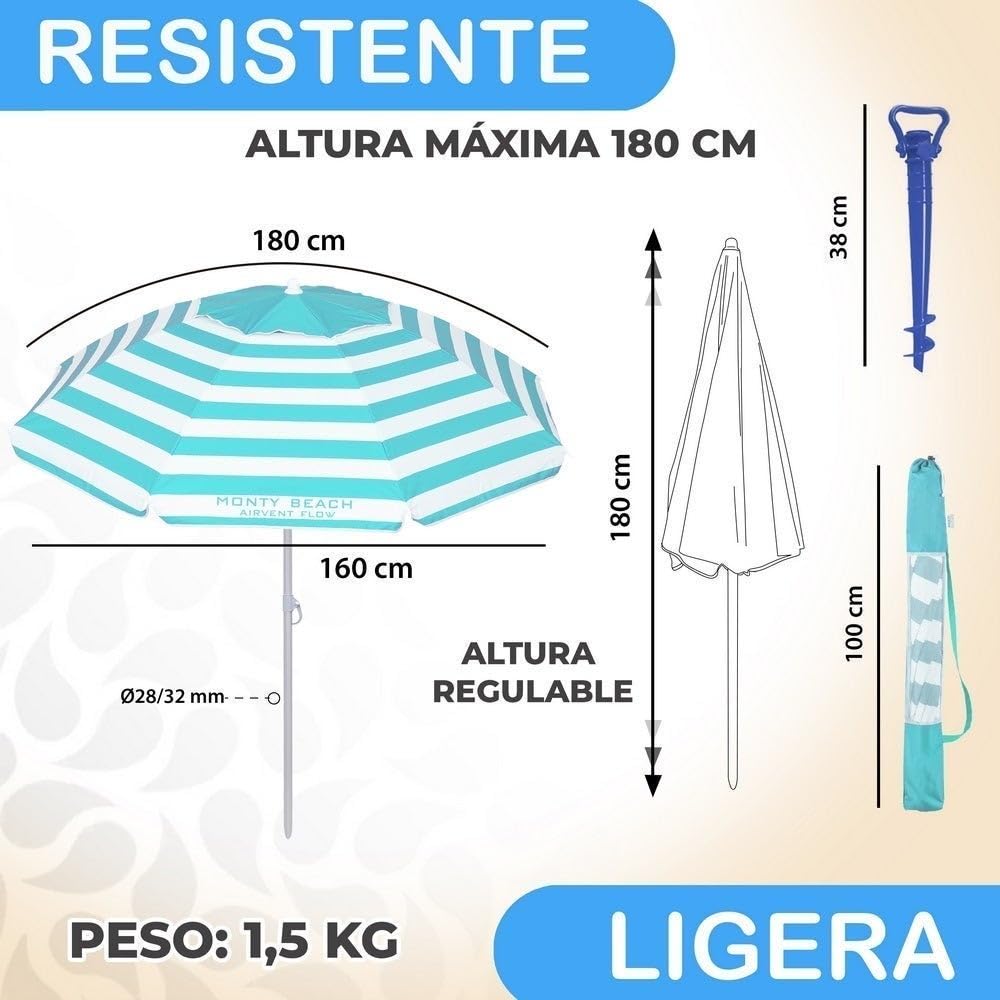 LOLAhome Sombrilla Playa 180 cm y Soporte Arena, protección UV+50, sombrilla antiviento, Varillas Flexibles Fibra Vidrio, Techo ventilación, mástil inclinable y Regulable Altura, Bolsa