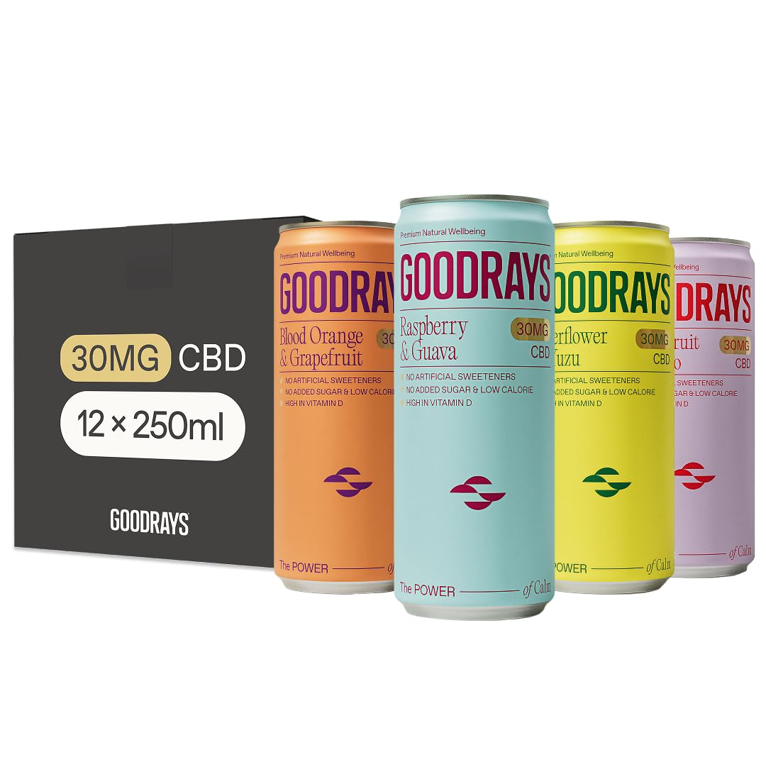 GOODRAYS CBD Drinks, Sparkling Low Calorie Soft Drink, Natural Sleep Stress and Anxiety Relief, Vegan, 4 Flavour Mixed Pack, 12 x 250ml Cans, Packaging May Vary
