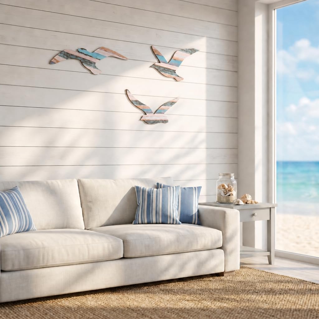 Large Wooden Seagull Wall Decor Nautical Theme Coastal Beach Wall Art 3 Pcs