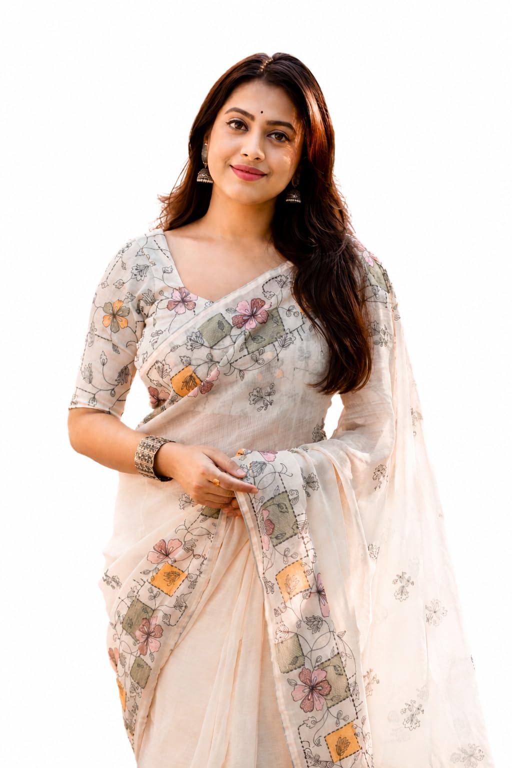 Cream Floral Printed Linen Cotton Saree with Blouse Piece-image-30