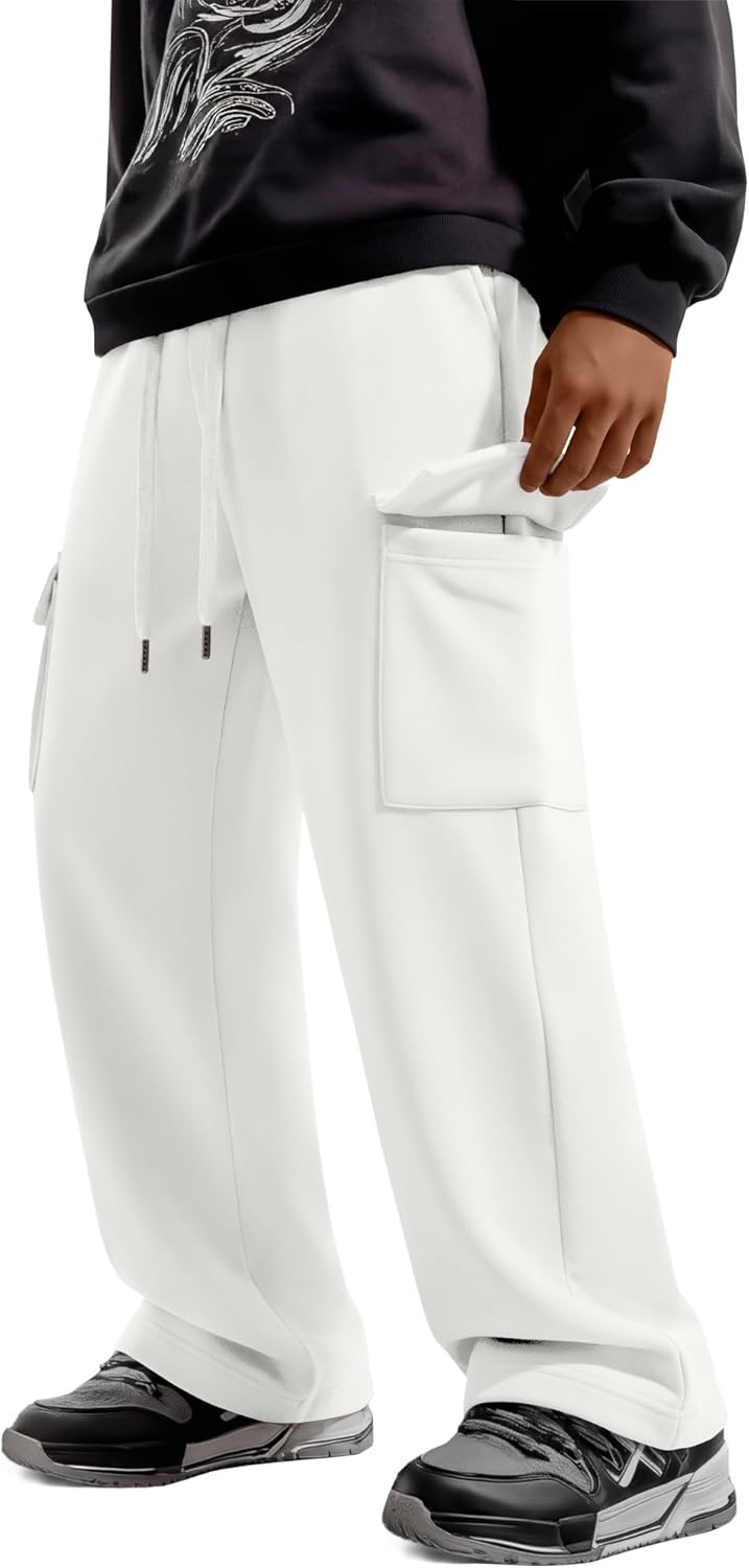 Boys' Cargo Sweatpants Baggy Wide Leg Elastic Waist Open Bottom Casual Pants Workout Active Joggers with 4 Pockets