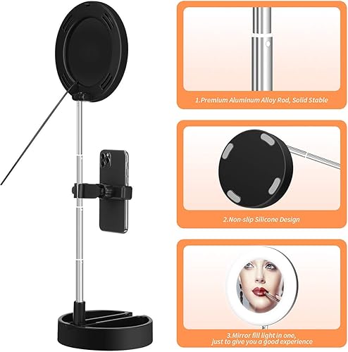 Miniatura 9 de Portátil multifuncional de 6.3 pulgadas regulable LED selfie video continuo Halo Ring Light Zoom Live Stream Soporte para teléfono con espejo de