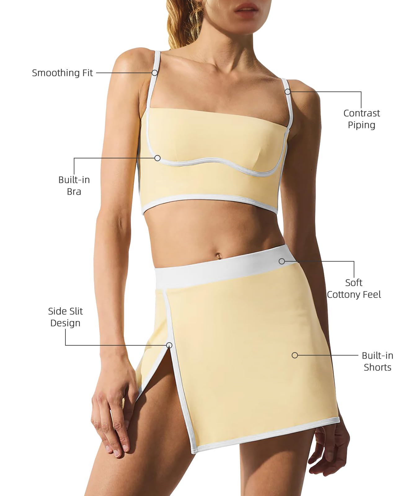 LAMISSCHE Tennis Skirt Sets Women 2 Piece Outfits Yoga Workout Set Skirt and Top Set with Built in Bra & Shorts(Yellow,M)