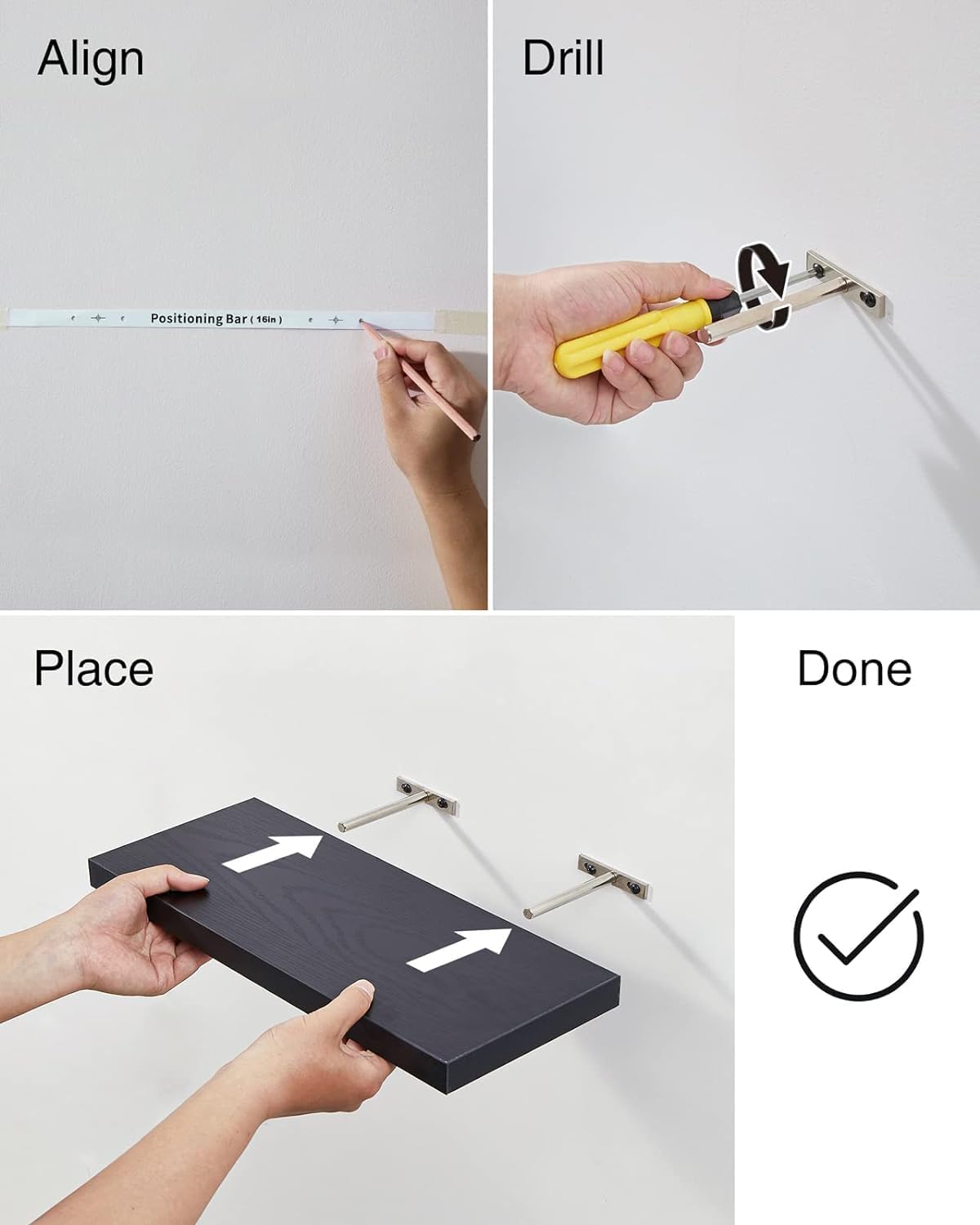 REALADY Floating Wood Shelves - Wall Mounted for Bathroom,Bedroom,Living Room,Kitchen,Small Hanging Shelf for Books/Storage/Room Decor with 22lbs Capacity (Black,Set of 3,16inch)