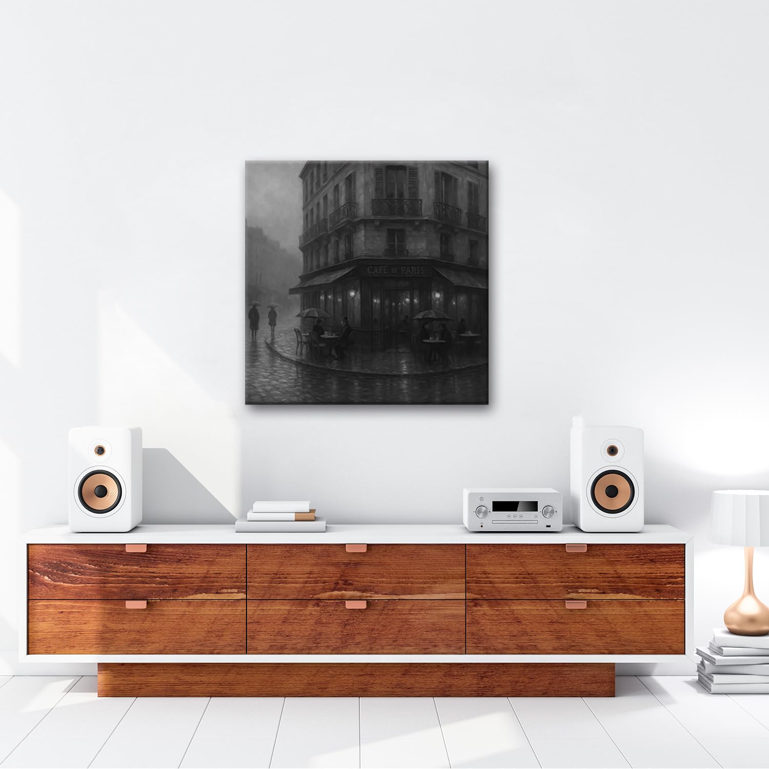 deyoli Obraz na płótnie Deszczowy wieczór przed kawiarnią Paryż 40 x 40 cm czarno-biały | Kwadratowy jednoczęściowy druk artystyczny XXL na blejtramie | obraz na płótnie | obraz ścienny | dekoracja salonu