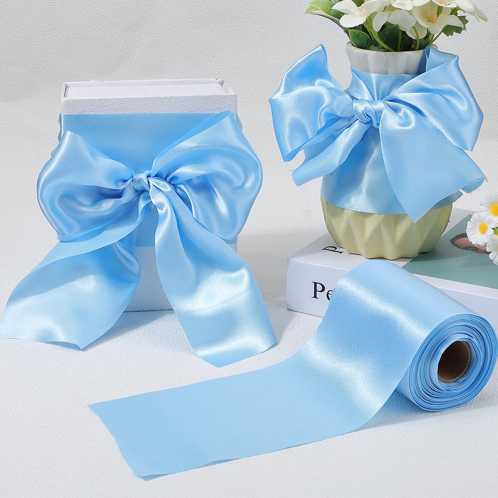 CABODYALS 20M 100mm Light Blue Satin Ribbon Extra Wide Solid Thick Large Soft Silk Double Faced Fabric Polyester Ribbons Bulk for Sewing Making Diy Crafts Cutting Ceremony Grand Opening Home Decor - Image 3