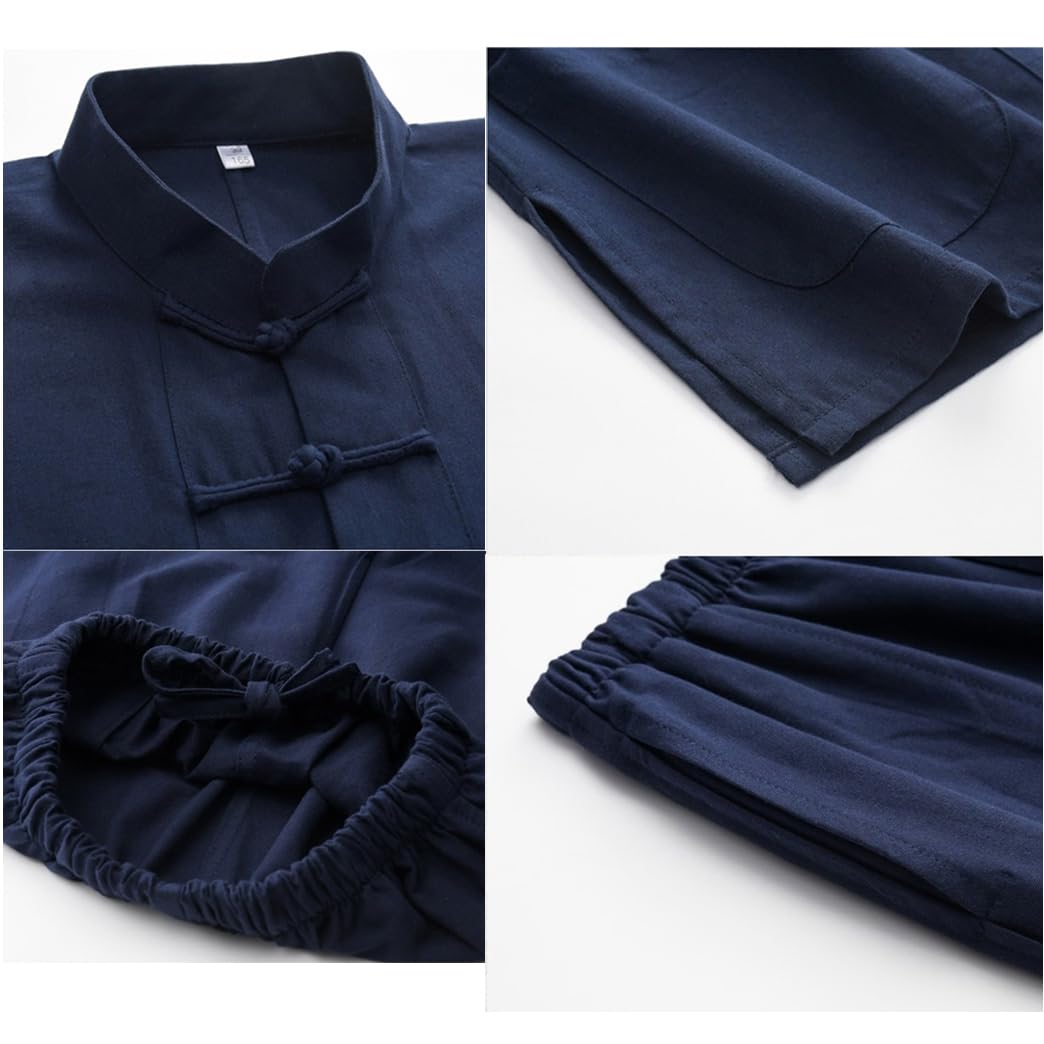 ZHOUXIAO Puro Cotone Tai Chi Uniforme Uomo Kung Fu Abbigliamento Manica Lunga Abiti Tradizionali Cinesi, Abbigliamento da Sizetang Ampi Giacche di Pantaloni Hanfu Giacche Mar Black-L
