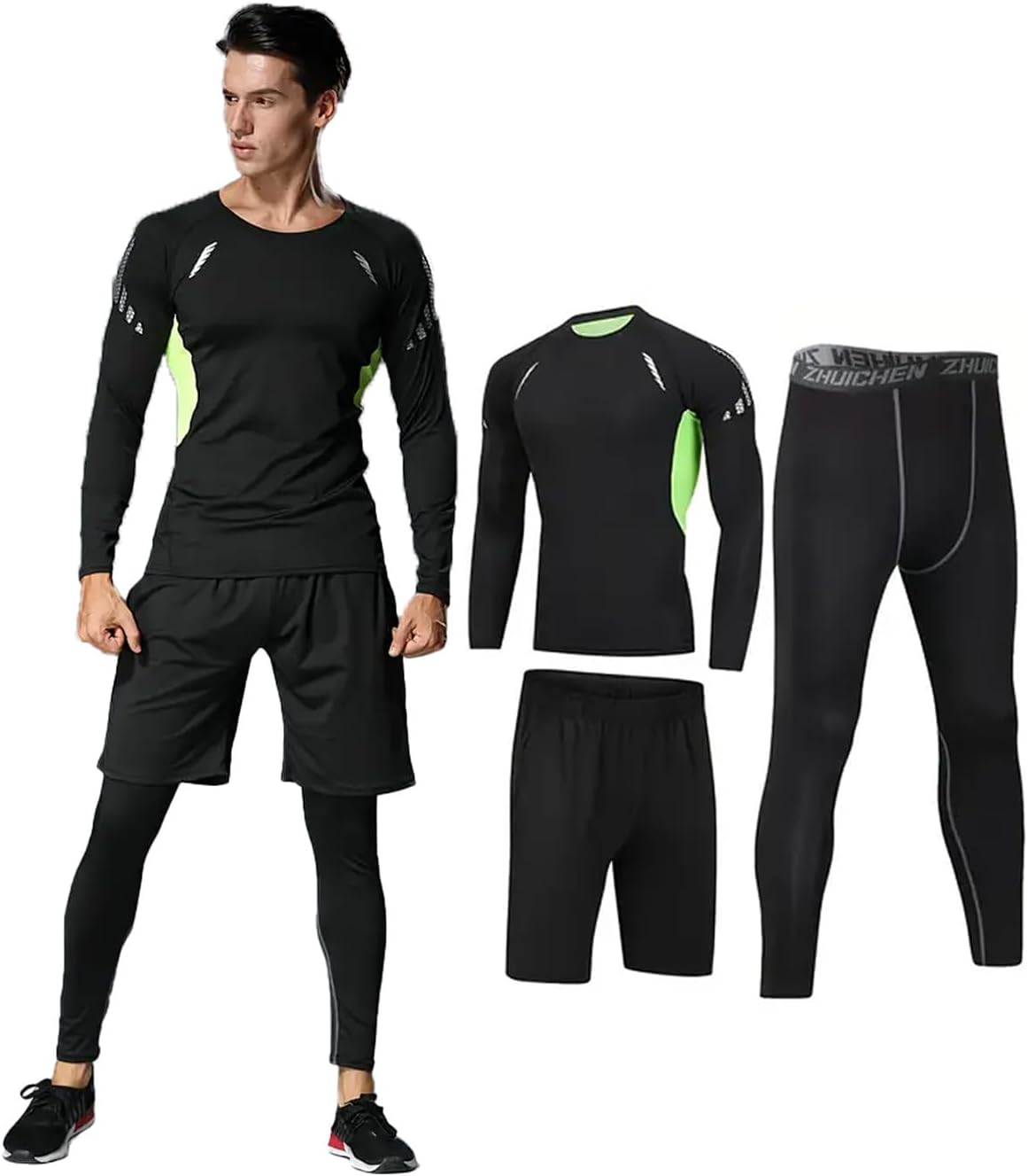 3 PCS Men's Compression Set - Workout Long Sleeve Top & Pants with running Shorts | Moisture-Wicking Gym Bundle