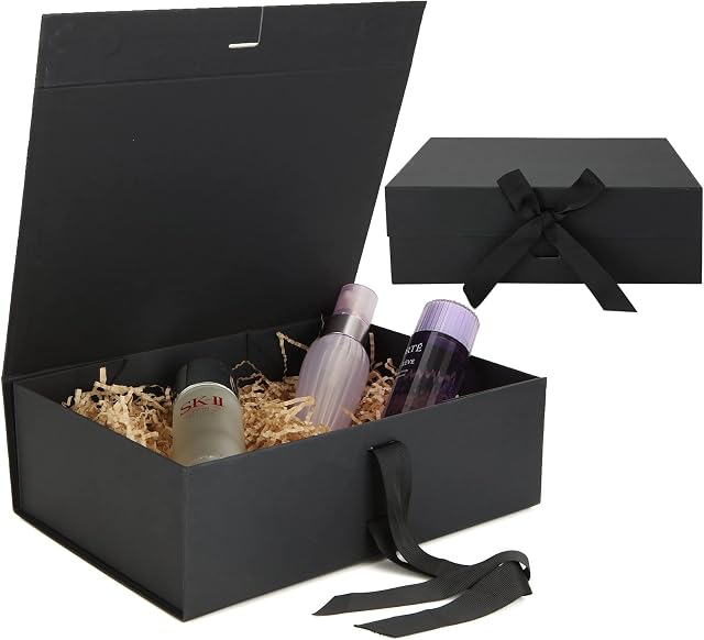 GOYADA 2 Pcs Magnetic Gift Boxes with Lids, Black Cardboard Gift Boxes Large, Empty Gift Box with Black Ribbon for Birthday, Wedding, Anniversary, Valentines (31 x 22 x 10 CM)