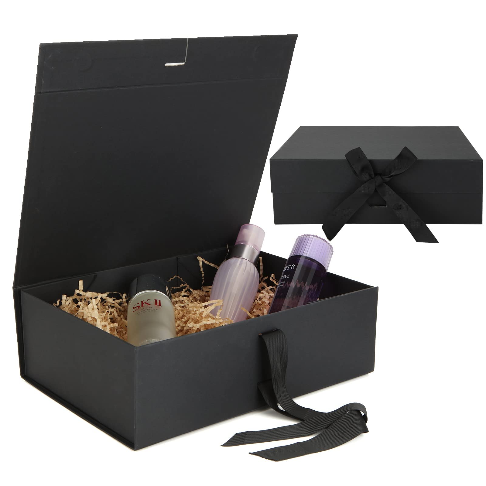 GOYADA 2 Pcs Magnetic Gift Boxes with Lids, Black Cardboard Gift Boxes Large, Empty Gift Box with Black Ribbon for Birthday, Wedding, Anniversary, Valentines (31 x 22 x 10 CM)