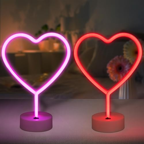 BRIGHTDECK Paquete de 2 letreros de neón de corazón, letrero de neón LED de corazón rosa, funciona con pilas o USB, luces de neón decoración de