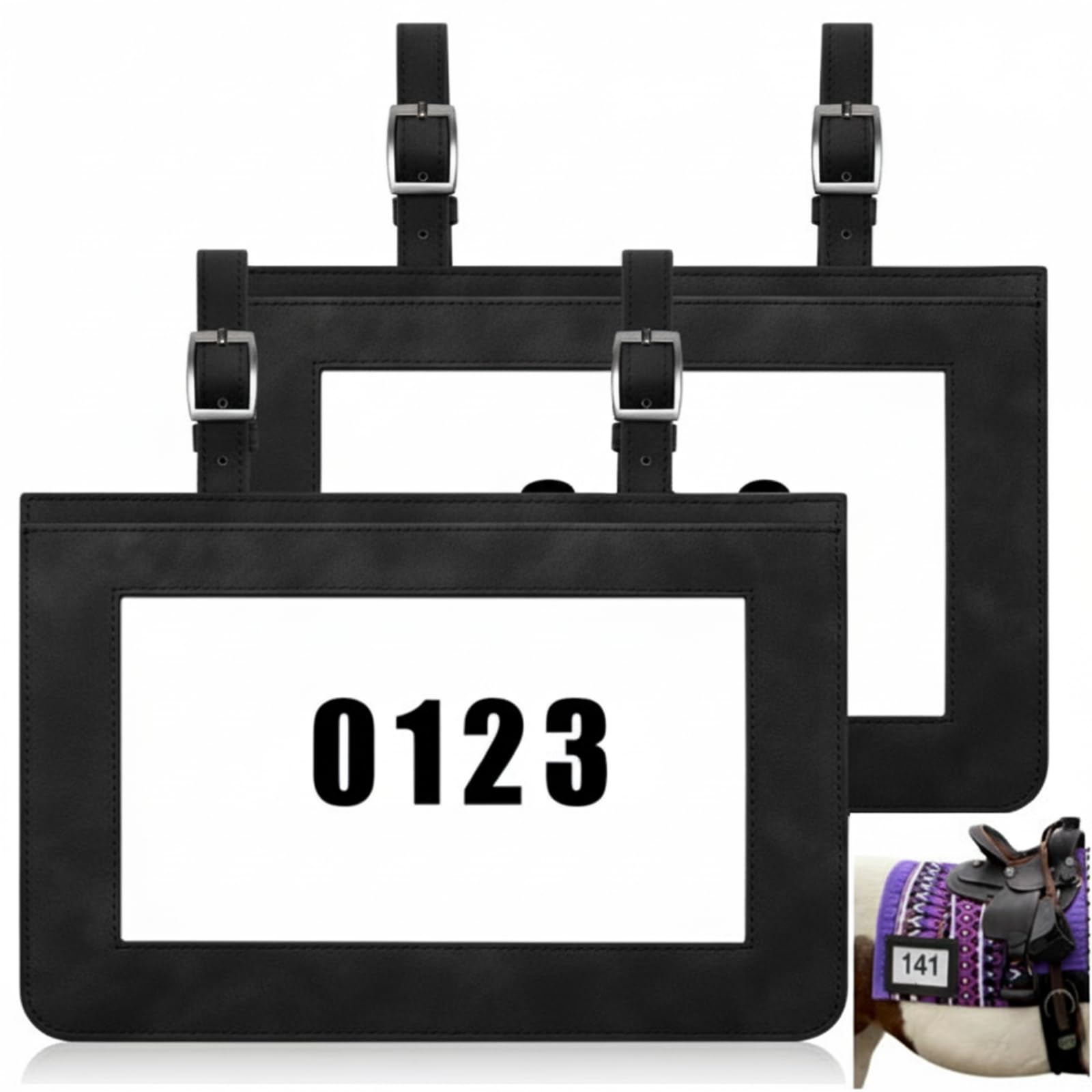 Fullhawl 1 Pcs Horse Show Supplies Horse Performance Number Holder for Saddle Leather Exhibitor Number Clip for Harness Pig Cattle Cow Goat Show Supplies (Black)