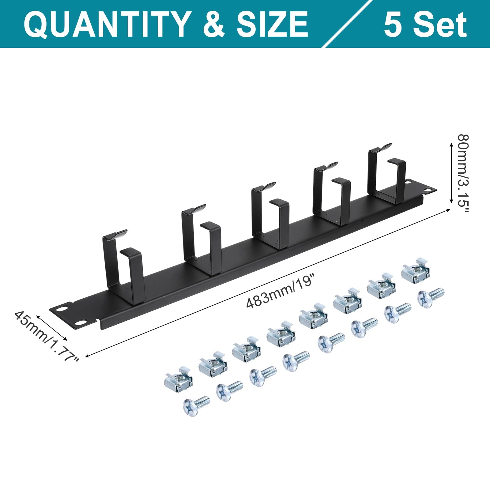 PATIKIL 1U 5 D-Ring Cable Manager, 5 Pezzi 19 Pollici Metallico Montaggio Orizzontale Rack Gestione Cavi Per Rack, Armadi Server, Nero
