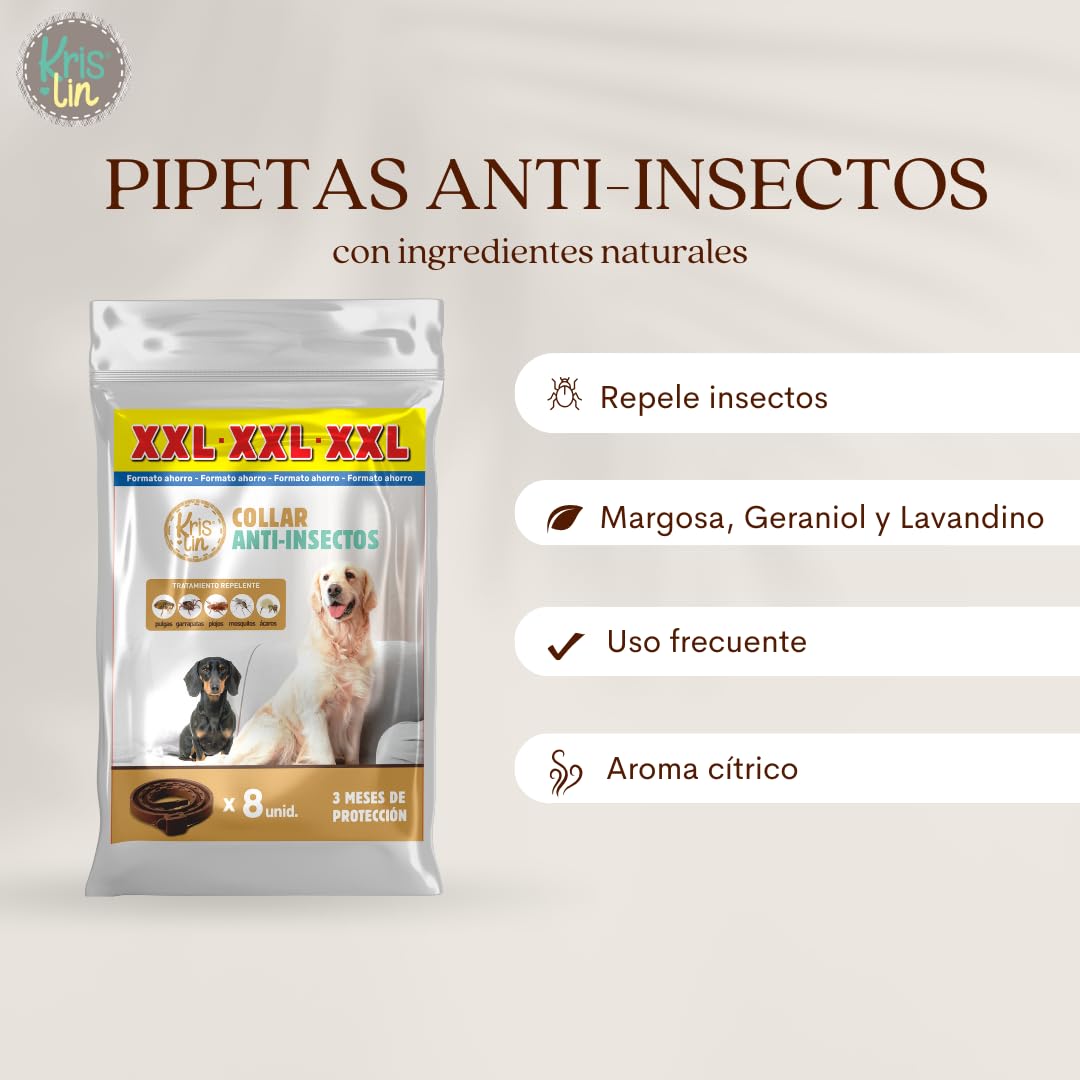 Pack de 8 Collares antiparasitarios para Perros con Margosa, geraniol y lavandino | Protección contra garapatas, Moscas, Mosquitos y flebótomos | Cítrico | Marrón | 57 cm