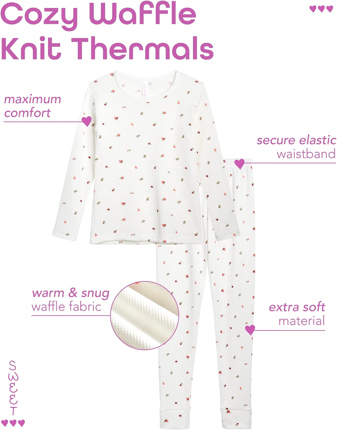Sweet Hearts Girls Thermal Underwear Set - 6 Piece Waffle Knit Shirt and Long Johns Thermal Leggings: Made in USA (2T-16)
