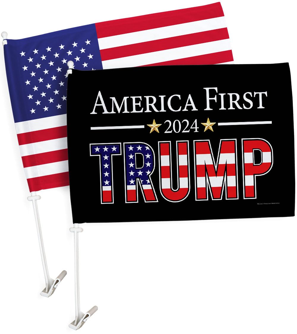 Ornament Collection America First Trump Flag for Car American Bandera para Carros Window Clip Pole Mount Kit 2024 Poster President 47 Auto MAGA Sign Outdoor Decorations, Republican Gift Made in USA