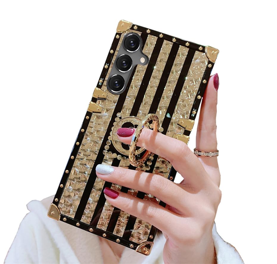 Image of for Samsung Galaxy A54 5G Trunk Case Luxury Box for Women Girls Design Gold Glitter Bling Cute Flower Pattern Soft Cover with Finger Ring Grip Kickstand Fancy Phone Skin,Gold
