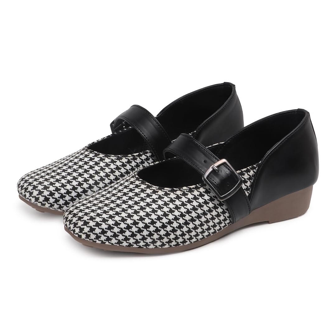 Women & Girls Canvas Bellies Shoes | Houndstooth Print Ballerina Flats | Buckle Strap Closed Toe Footwear | Stylish Low Wedge Bellies for Office College Party-image-19