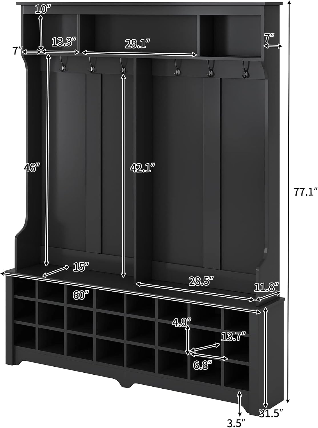 RUNNA Stylish Versatile 60" Wide Coat Rack with Metal Black Hooks and 24 Shoe Cubbies,Hall Tree with 3 Top Shelves and Bench,for Hallway Entryway Mudroom Use (Black@e)