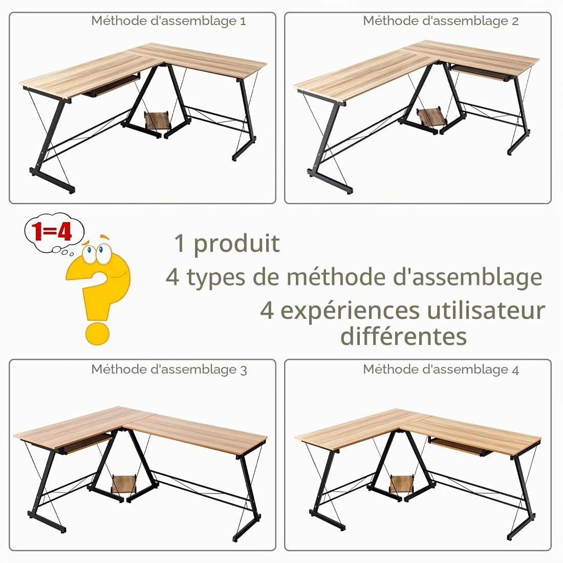 Bureau d'angle en L–Bureau à Angle, Gaming, Bureau d'angle, Bureau en L,idéal pour étude, Travail ou Jeux,Cadre métallique Simple à Monter.
