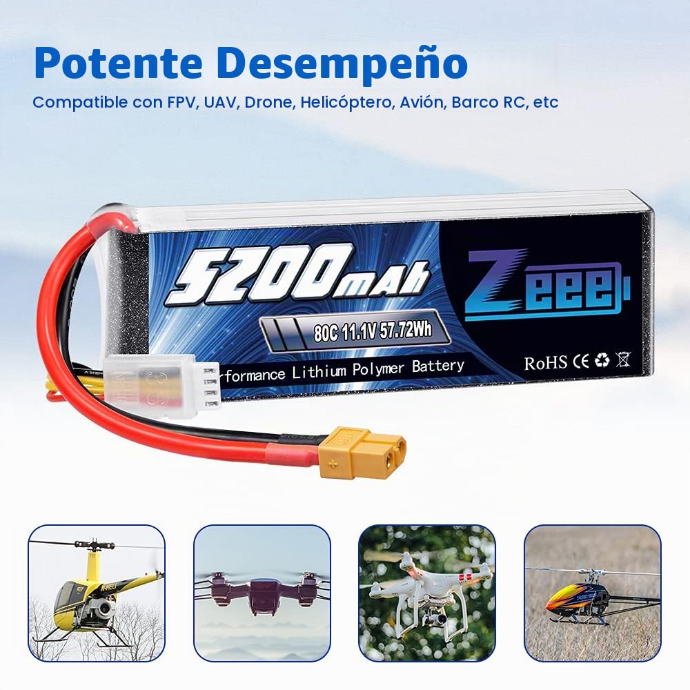 Zeee 3S LiPo Batería 5200mAh 11.1V 80C con Conector XT60 para RC Hobby (2 Paquetes)