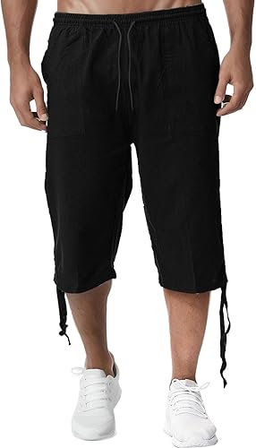 Didadihu Pantacourt Homme Lin Coton - Bermuda Long et Short Homme en Lin pour l'
