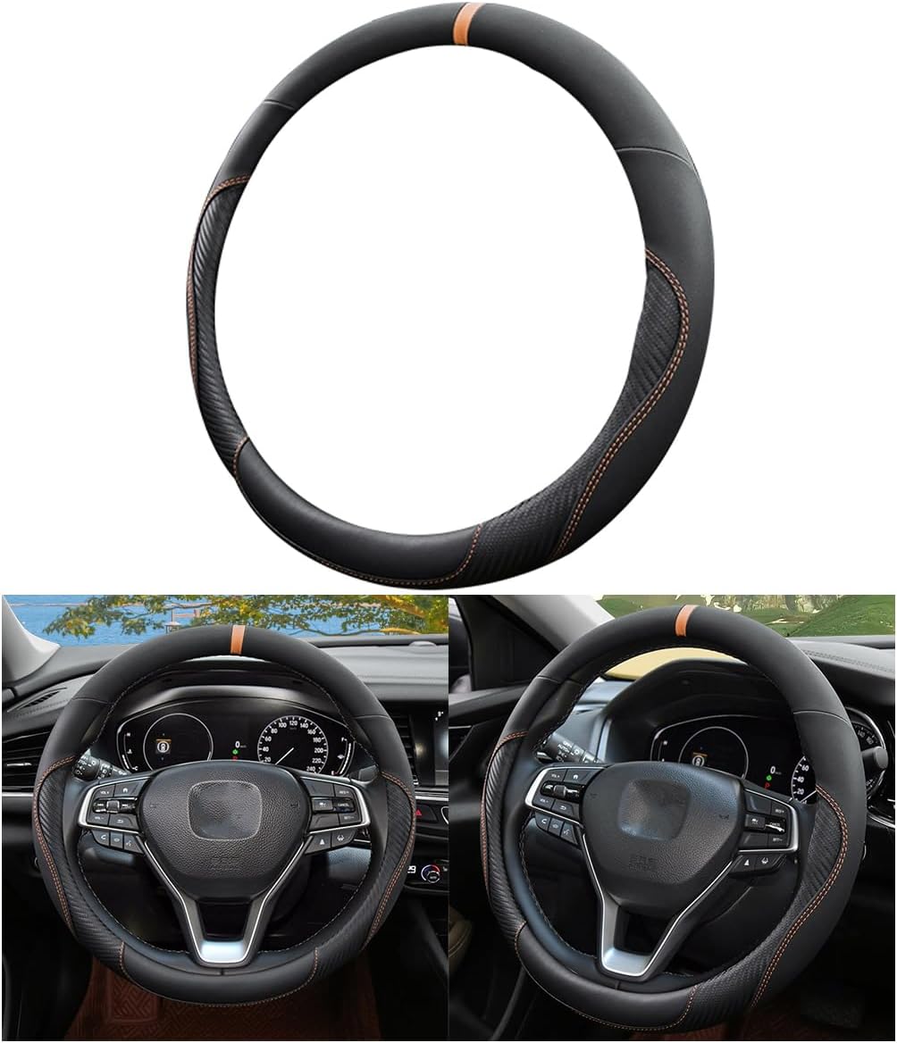 Mandark Car Steering Wheel Cover, 15 Inchs Microfiber Leather Non-Slip Vehicle Steering Wheel Protector, Breathable Auto Interior Protection Accessories, Universal for SUV Sedan Truck (Black/Orange)