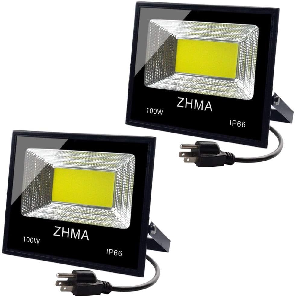 2 Pack 100W LED Flood Light Outdoor with Plug, 9000lm Super Bright Work Lights, 6500K Security White Light, IP65 Waterproof Floodlight Landscape Wall Lamp for Garage, Yard, Garden, Court Lighting