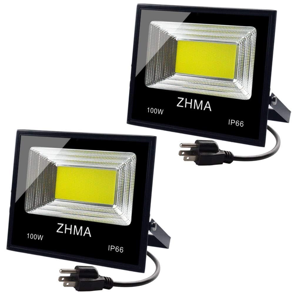 2 Pack 100W LED Flood Light Outdoor with Plug, 9000lm Super Bright Work Lights, 6500K Security White Light, IP65 Waterproof Floodlight Landscape Wall Lamp for Garage, Yard, Garden, Court Lighting