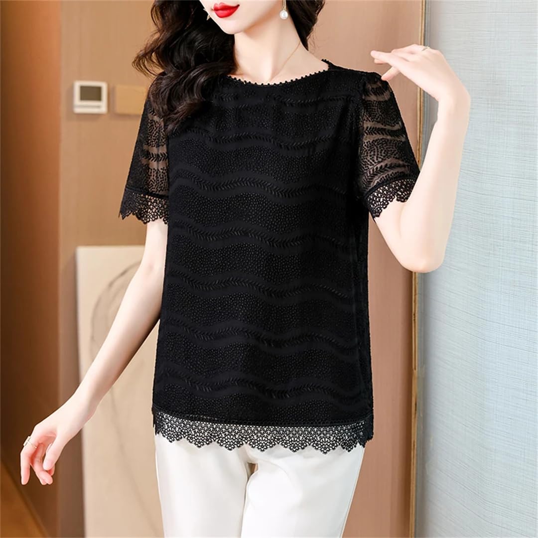 Top estivo da donna in seta ricamata, scollo rotondo, manica corta, pizzo di seta, allentato, dimagrante