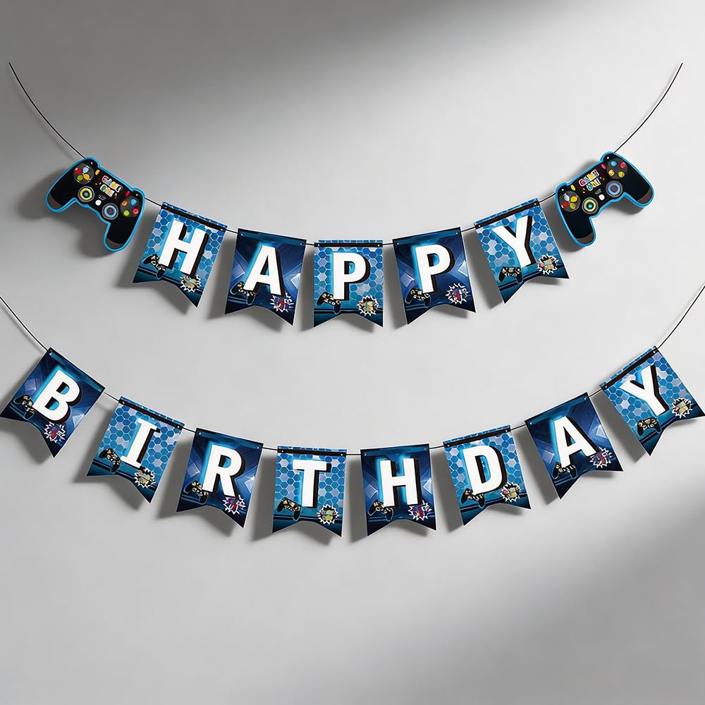 Birthday Banner - Game Theme Party Decor with Controller Design, Easy to Assemble Blue and Black Banner for Adult Birthday Celebration