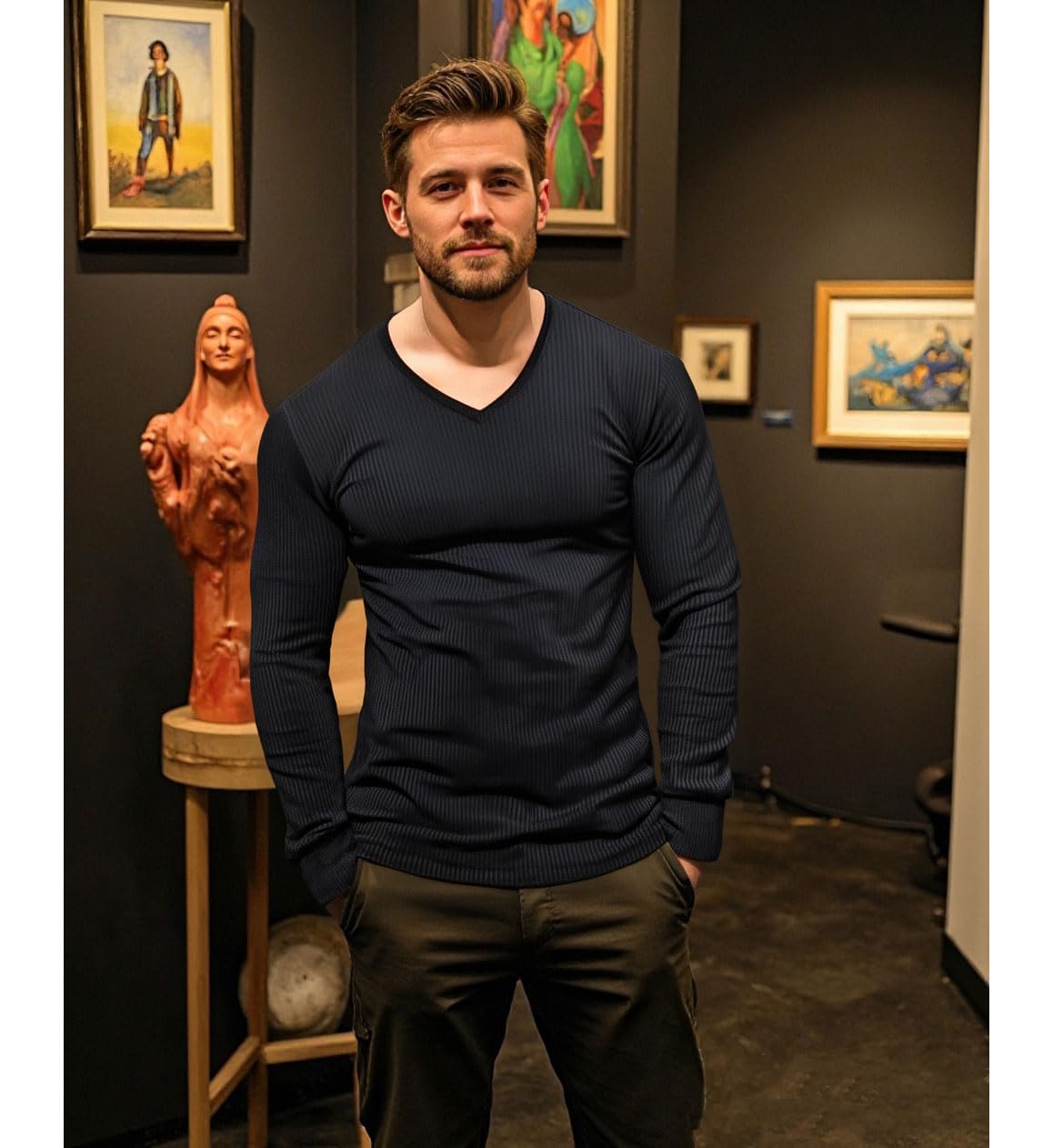 T-Shirt Homme Thermique Manches Longues, Col V Ajusté Slim Fit, Haut Chaud Hiver, Vêtement d'Intérieur Maison à Couleurs Unies